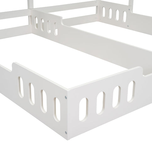 Twin Size Platform Bed With Shared Design, Guardrails, And Built In Shelves - Creamy White
