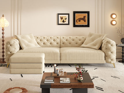 3 In 1 Convertible Sleeper Sofa, Pull Out Bed, Button Tufted, 4 Seater Couch With Movable Ottoman For Apartment - Apricot