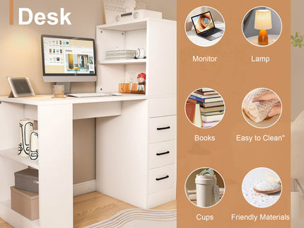 Computer Desk With 4 In 1 Socket & 3 Drawers, 4 Tier Shelves
