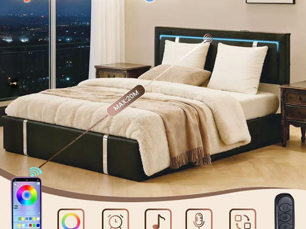 Upholstered Platform Bed Frame With Adjustable LED Headboard, USB C-Charging, Hydraulic Lift