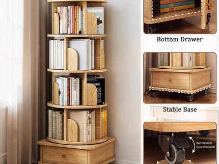 Rotating Bookshelf With Wheels And Drawer, 360° Spinning Design, Space Saving Storage