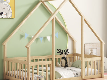Wood House-Shaped Floor Bed With Fence, Guardrails
