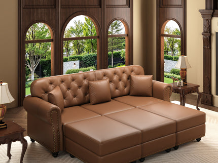 Upholstered Sofa With Nailhead Trim, Rolled Armrests With Ottoman