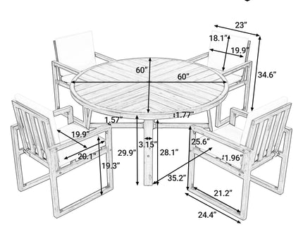 5 Piece Outdoor Patio Dining Set With 4 Armchairs And Table - Beige