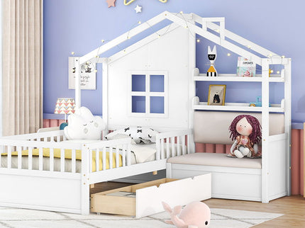 House Bed With Sofa, Kids Platform Bed With 2 Drawers And Storage Shelf