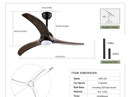 Indoor Outdoor Ceiling Fan With Light With Remote Control, Noiseless Reversible Motor, 6 Speed, 3 Color