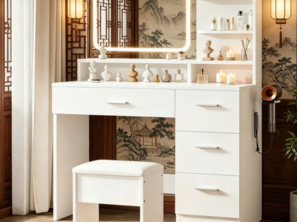 Vanity With LED Mirror And Storage Drawers For Bedrooms - Cream White
