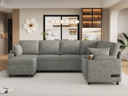 U-Shaped Sectional Sleeper Sofa With Ample Storage Space, 2 Cup Holders And Charging Ports For Living Room