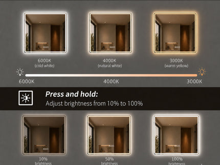 36 X 36 LED Bathroom Mirror With Dimmable Frosted Light Band, 3 Color Temperatures, Anti Fog, Memory & Auto Off - Silver