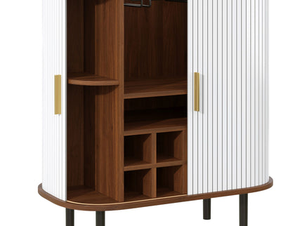 Fluted Wine Bar Cabinet With 8 Grid Wine Rack, 5 Level Adjustable Shelves, 2 Glass Holders