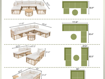 Outdoor Patio Furniture, All-Weather Rattan Sectional Sofa Set With Thick Cushions And Pillows, Freely Combined Conversation Sets For Garden, Backyard, Balcony