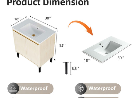Bathroom Vanity With Ceramic Sink, Floor-Standing Design, Soft-Closing Drawers