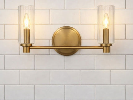 Regal - Double Light Vanity With Clear Ribbed Satin - Antique Brass / Clear