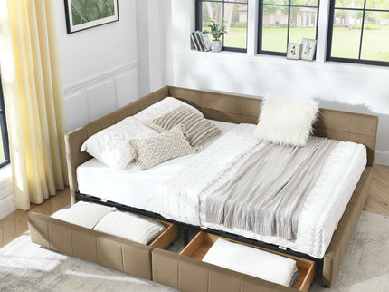 Mid-Century Storage Upholstered Tufted Bed Frame With Backrest And Armrests
