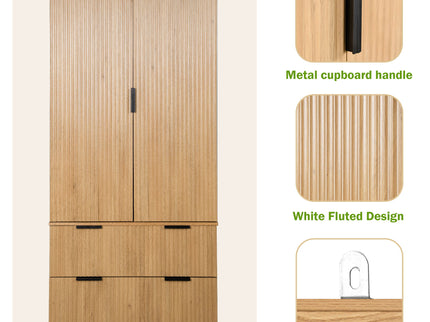 Fluted Kitchen Pantry Cabinet With 2 Large Drawers & 8 Door Spice Rack Freestanding Storage Organizer - Oak