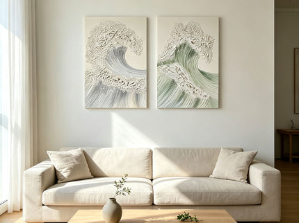Ocean Wave Wall Art, Textured Canvas Painting With Accents (Set of 2) - Sage Green+Gold