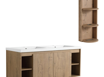 Modern 48" Wall Mounted Bathroom Vanity With Double Resin Sink And Storage Rack Soft Close Doors - Imitative Oak