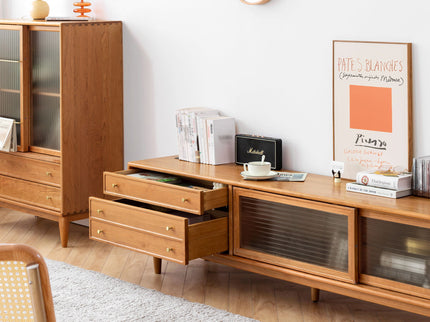 TV Cabinet With Chinese Changhong Glass Doors, Two Drawer Storage Space TV Standing - Cherry