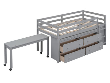 Loft Bed With Retractable Writing Desk And 4 Drawers, With Lateral Portable Desk And Shelves