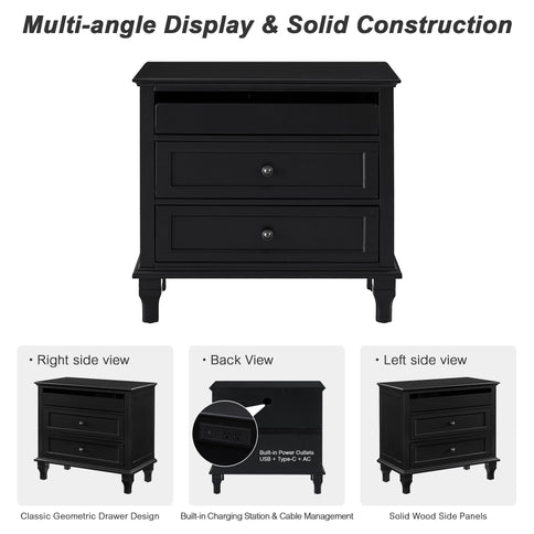 Nightstand With Charging Station, 3 Drawer Storage Table