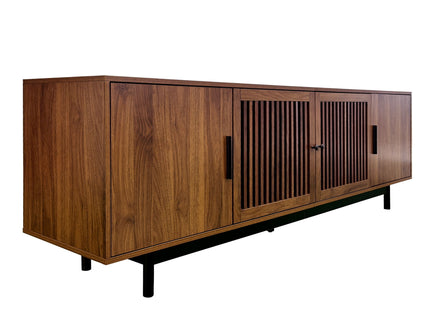 TV Stand, Media Console With Soft Closing Hinges, Adjustable Shelves, Slatted Doors - Walnut