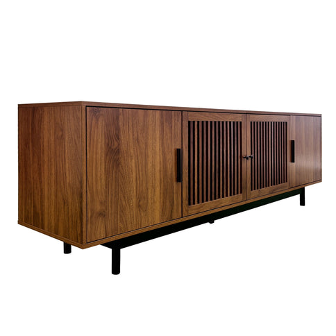 TV Stand, Media Console With Soft Closing Hinges, Adjustable Shelves, Slatted Doors - Walnut