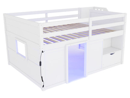 Low Loft Bed Frame With Built In Stairs, Storage Drawer, Shelf And 7 Color LED Light