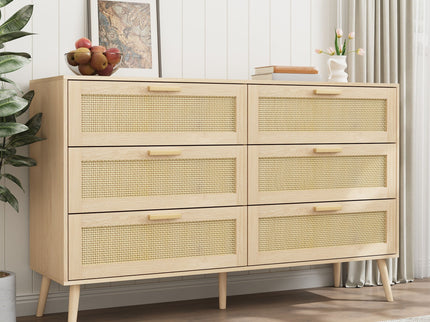 Rattan 6 Drawers Chest Of Dressers For Bedroom, Modern 6 Drawer Dresser, Wide Chest Of Drawers With Wood Handles, Rattan Dresser Storage Cabinet For Living Room, Bedroom, Hallway - Natural Wood / Oak