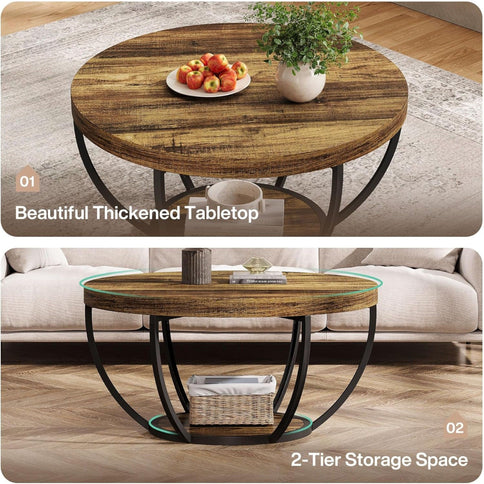 2 Tier Circle Coffee Table With Storage Shelves
