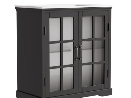 Modern Bathroom Vanity With Ceramic Sink, Tempered Blurred Glass Doors