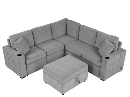 Sectional Sofa Convertible Pull-Out Sofa Bed With A Movable Storage Ottoman For Living Room