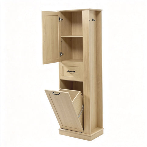 Tall Storage Cabinet With Tilt Out Compartment, Adjustable Shelves, Soft Close Hinges - Natural