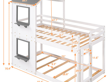Bunk Bed Wood Bed & Roof, Window, Guardrail, Ladder