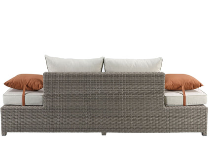 Salena - All Weather Wicker Patio Sofa & Ottoman With 2 Toss Pillows - Beige / Gray