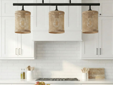 Elysian - 3 Lights Island With Natural Shade Farmhouse Chain Ceiling Lamp - Black / Rattan