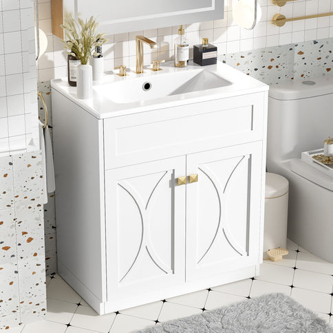 Bathroom Vanity With Sink, Freestanding Storage Cabinet With Handles, Soft Closing Doors