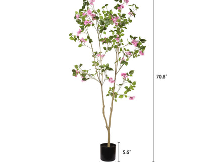 Artificial Bougainvillea Tree With Pot, Realistic Faux Flowering Plant Leaves And Blooms, Decor For Home Office - Green Leaves / Pink