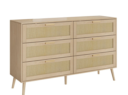 Rattan 6 Drawers Chest Of Dressers For Bedroom, Modern 6 Drawer Dresser, Wide Chest Of Drawers With Wood Handles, Rattan Dresser Storage Cabinet For Living Room, Bedroom, Hallway - Natural Wood / Oak