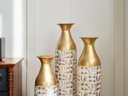 Mother's Day Gift Set Gilded White 3D Relief Flower Metal Vase Set - White / Gold