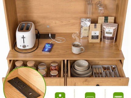 Tall Arched Pantry Cabinet With Charging Station, Adjustable Shelves, Coffee Bar