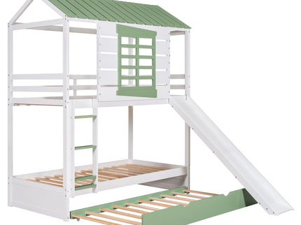 Twin Over Twin House Bunk Bed With Convertible Slide And Trundle - White