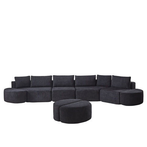 Modular Sectional Sofa With 6 Pillows And 4 Curved Footstools For Living Rooms - Black
