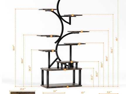 S - Shaped, 10 Tier Plant Stand With 5 Grow Lights - Deep Rustic Brown