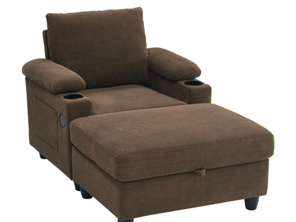 Accent Chair With Storage Ottoman, Reclining Single Chaise Lounge With Cupholders And USB, C Ports