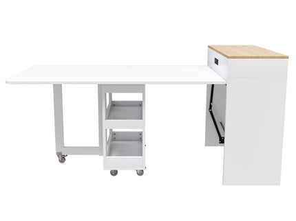 Extendable Dining Table With Power Socket, Lockable Casters, Storage Cabinet