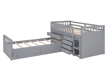 Loft Platform Bed With 7 Drawers And Full Guardrails, Modern L Shaped Space Savin