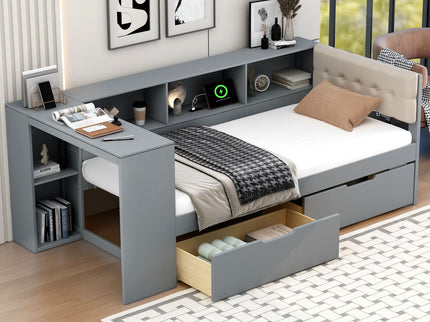 Upholstered Headboard Platform Bed With Storage Shelves, Drawers, Charging Station