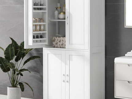 Tall And Wide Bathroom Floor Storage Cabinet With 4 Doors, Adjustable Shelves - White