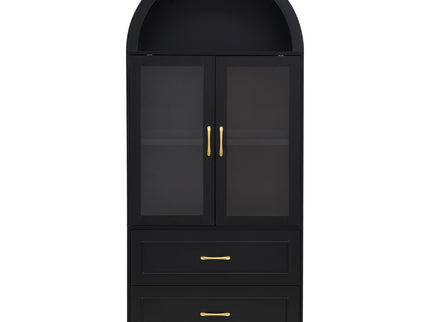 Arched Top Storage Cabinet With Fixed 2 Tier Shelves, 2 Large Drawers