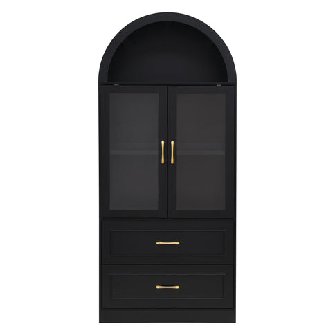 Arched Top Storage Cabinet With Fixed 2 Tier Shelves, 2 Large Drawers
